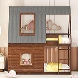 BIADNBZ Twin Over Twin House Bunk Bed Solid Wood Frame, Floor Bunkbeds with Roof, Ladder and 2 Windows, for Kids Teens Bedroom, Oak & Smoky Grey