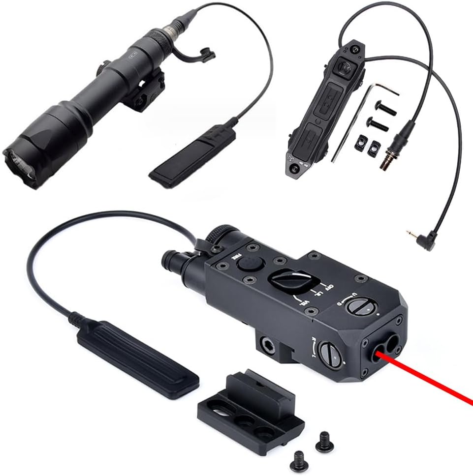 Metal CQL-1 Box Aiming Laser Sight Indicator(with IR Laser + Red/Green/Blue Laser), & New Modular Dual Wire Remote Pressure Switch(SF+2.5 Plug) Combo, & M600C Strong LED White Flashlight, Black