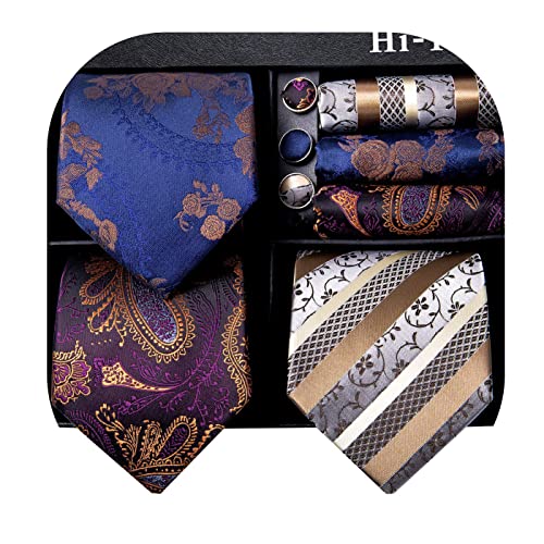 Image of Hi-Tie 3 Pcs Gift Box Mens Tie Set Necktie with Pocket Square Cufflinks Lapel Pin Silk Neck Tie Collection