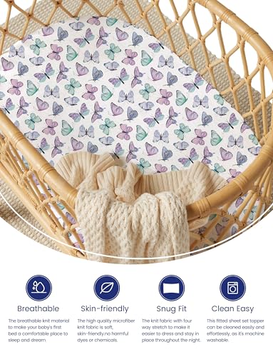 Image of TotAha Premium Soft Bassinet Sheet for Girl, Super Stretchy Jersey Knit Bassinet Fitted Sheet, Compatible with Halo, Maxi COSI, Mika Micky, SNOO, Baby Delight Mattress2-Pack, Purple Butterfly