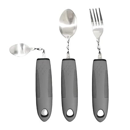 Set of 3 NUZAMAS Adaptive Cutterly Built Up Bendable Fork Teaspoon Tablespoon for Tremors Adults Elderly Arthritis and Parkinsons Grey