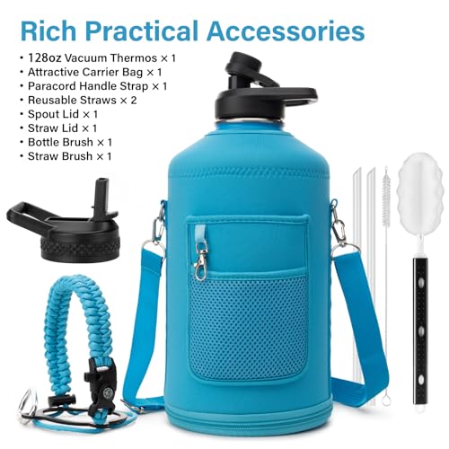 1 Gallon Water Bottle Insulated | Thickened Stainless Steel Vacuum Metal Water Jug | Portable Sports Large for Gym and Hiking with Straw, Carrier Bag, Handle Strap | BPA-Free 128 oz