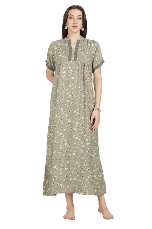 naidu hall Women Cotton Nighty Full Length Night Gown Floral Print Mandarin Collar Nighty Ladies Night Wear for Women-picture-15
