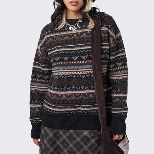 Image of Women Vintage Striped Pullover Sweater Y2k Long Sleeve Crew Neck Loose Knit Sweaters Fall Winter Knitwear