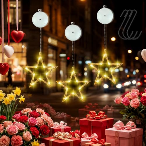 Luci Natalizie Stella LED, 3 Pezzi Tenda Luci Natalizie Batteria,10 LED Tenda Luminosa con Stelle, Lnterni Batteria Bianco Caldo, per Porta Esterno Balcone Matrimonio Bar Halloween Festa Casa