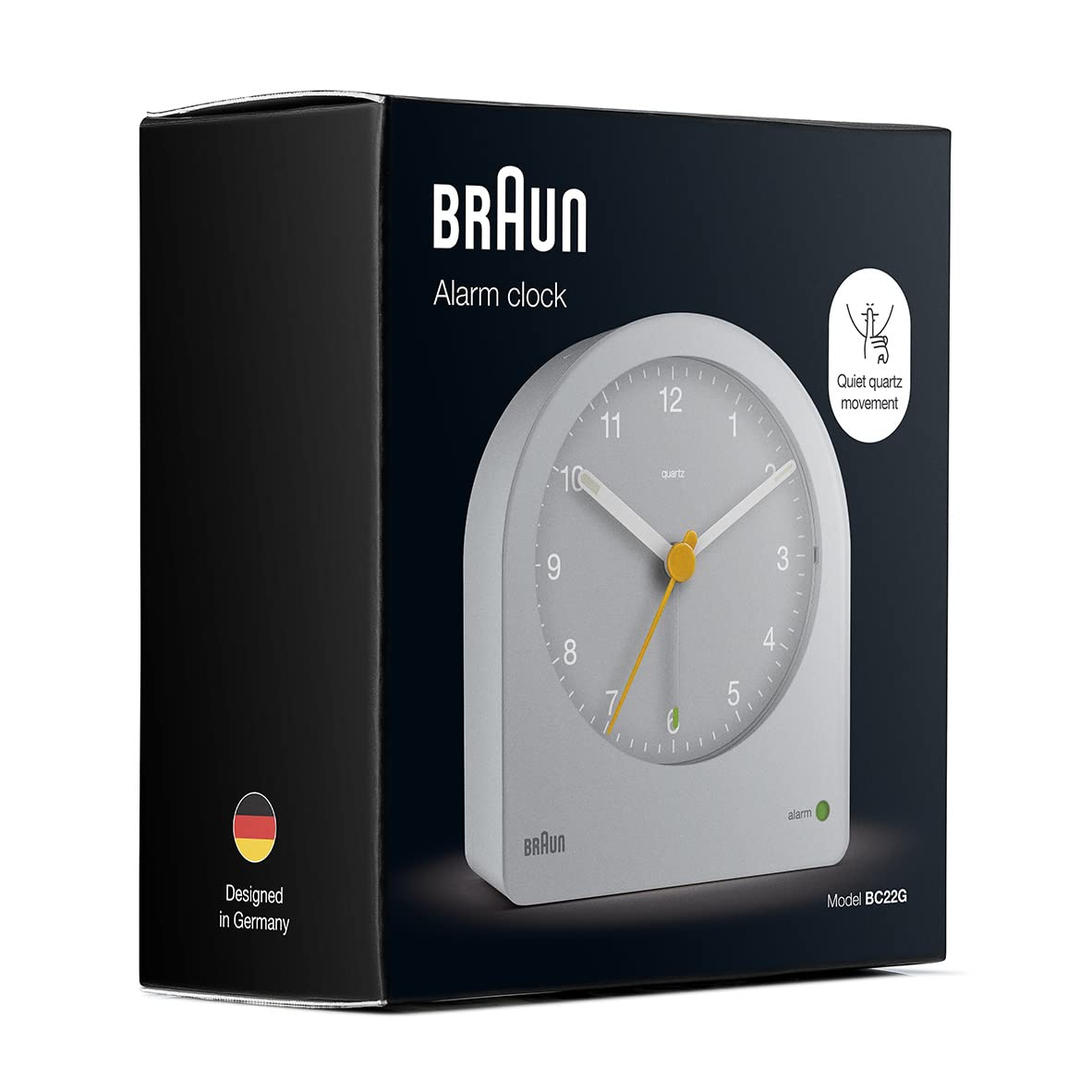 Braun Klassischer analoger Wecker mit Schlummerfunktion und kontinuierlicher Hintergrundbeleuchtung, leisem Quarzwerk, anschwellendem Alarm-Piepton in Grau, Modell BC22G.