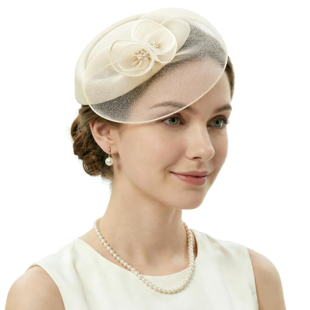 DRESHOW Fascinator Hats for Women Cocktail Tea Party Hat Netted Pillbox Hat Vintage Derby Hats for Bridal Wedding