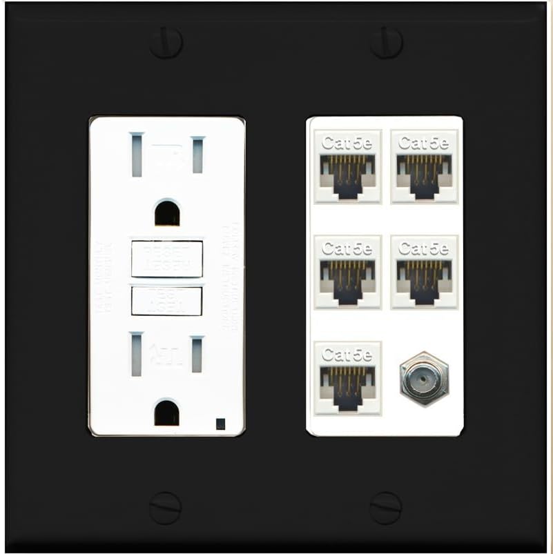 RiteAV 5 Port Cat5e Ethernet and 1 x Coax Wall Plate - GFCI Outlet [Black/White]
