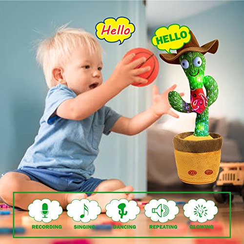 UMIKOOL DIRECT Dancing Cactus Repeats What You Say, Talking Sunny Cactus Toy USB Charging, Dancing Lighting Recording Mimicking Toy for Kids (Cowboy) - Thumbnail 6