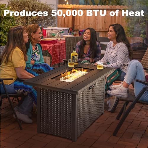 Image of Nuu Garden Outdoor 43 Inch 50,000 BTU Propane Fire Pit Table, CSA Certified Patio Propane Fire Pit with Wind Guard, Lid, Oxford Cover, 7 lbs Glass Stone, Dark Brown