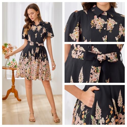 Image of Women Long Sleeve Spring Button Down A-Line Floral Print Summer Cocktail Shirt Dresses with Belt