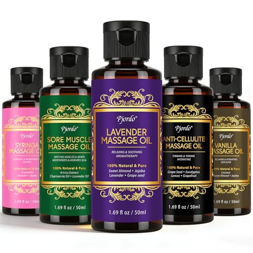 Pjordo 5 Pack Massage Oil for Massage Therapy Lavender Vanilla Sore Muscle Syringa & Anti Cellulite Massage Oil Kit for Relaxing Muscle & Soothing The Body Home Spa Gift for Her Him