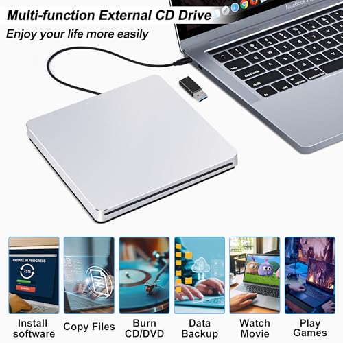 NOLYTH USB C SuperDrive for Mac: External CD/DVD Drive Burner Player for Laptop Windows Apple Plug & Play for Movie Music Data Backup with USB3.0 Adapter Aluminum(Silver)