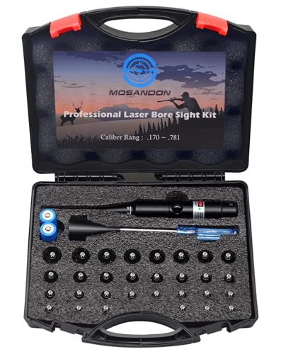 MOSANDON Professional Green Laser Barrel Sighter Kit with 30 Adapters, Upgraded Full Caliber Adapters Laser Boresighter Kit with Button Switch for.17 Cal. to 12 Gage Rifles Pistols for Hunting