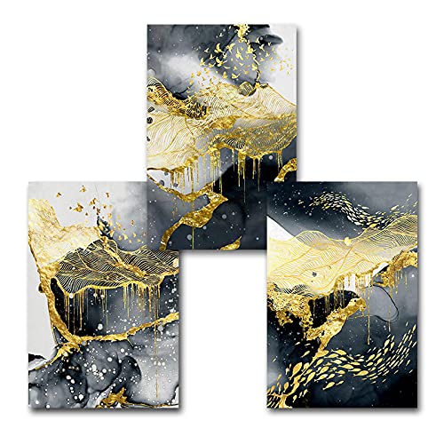 Peinture murale abstraite encre dorée et noire triptyque de toiles contemporaines HD 50x75 cm