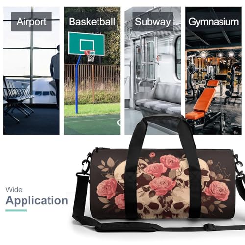 Large Skulls Pink Roses Travel Gym Bag for Women Men Cylindrical Duffle Bag Sport Workout Bag with Shoulder Strap3