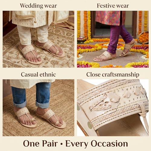 Image of Kolhapuri Chappal for Men Original, Pure Leather Handcrafted Traditional Kolhapuri Chappal for Man Formal Footwear for Weddings & Parties, Ethnic Wear & Daily Comfort