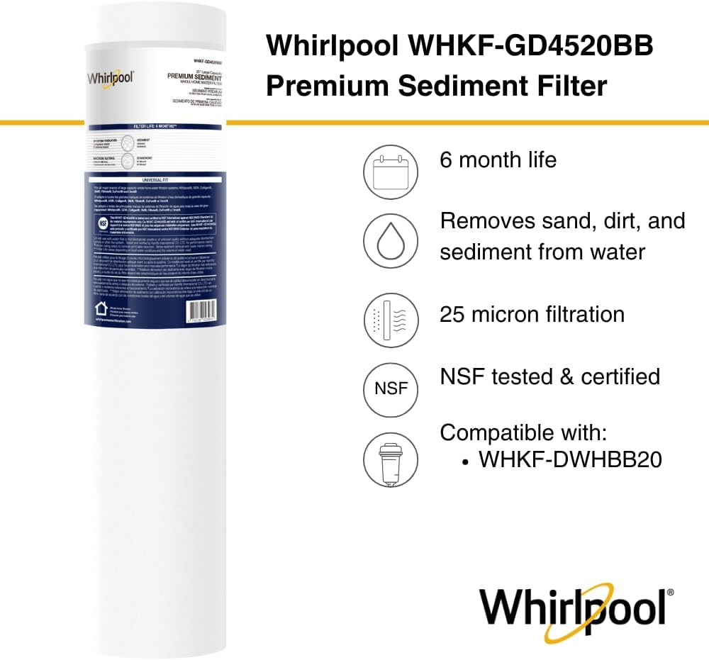 Whirlpool 20" x 4.5" Large Whole House Sediment Filter WHKF-GD4520BB, NSF Certified 25 Micron Filtration, 6-Month Life, Replacement Cartridge Fits Most 20-Inch Home Water Filter Housings