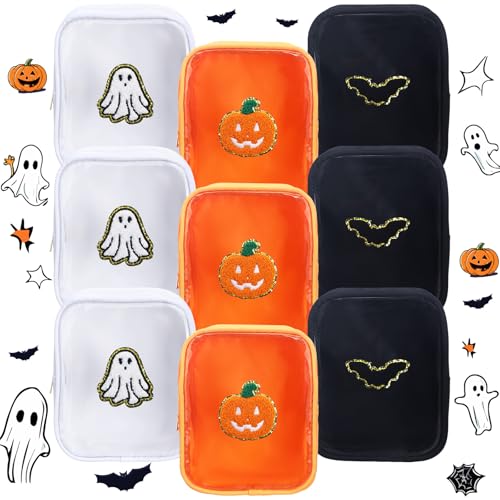 9 Pcs Halloween Pumpkin Ghost Bat Chenille Patches Cosmetic Bags with Zipper Funny Halloween Clear Makeup Bags Gothic Waterproof Coin Purse Party Favors Gift for Women