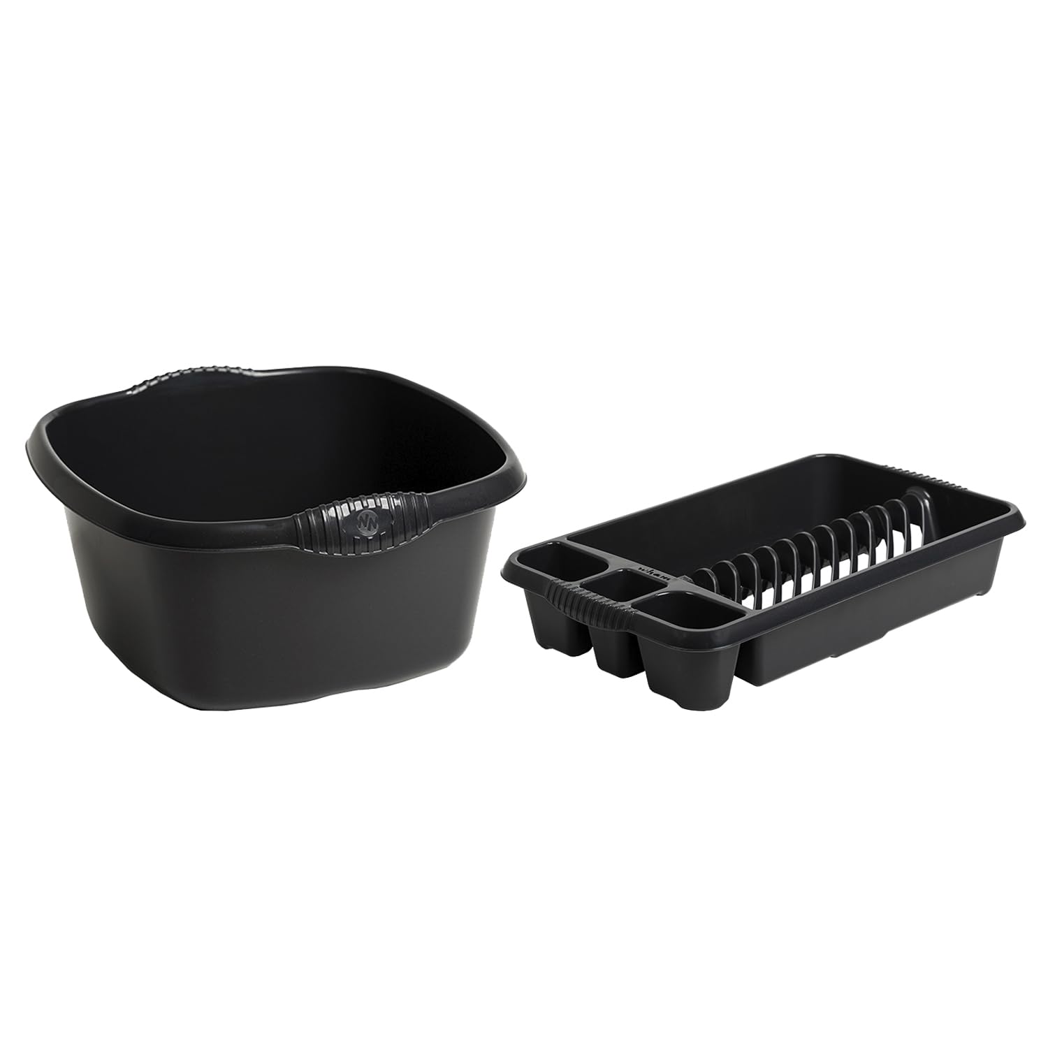 M1SS Set of 2- Upcycled High Grade Plastic Kitchen Medium Dish Drainer with 32 cm Square Washing Up Bowl (Black)