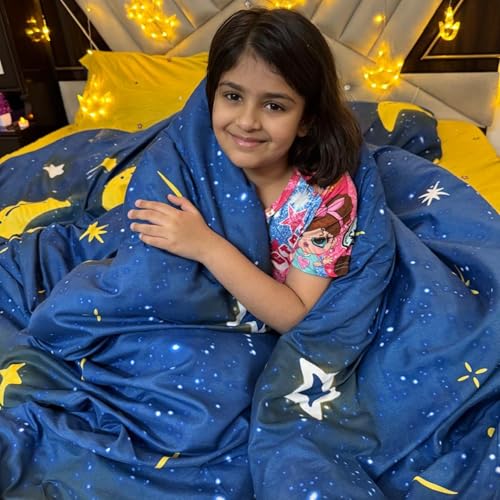 Image of Famyo King Size Bedsheet Set with 2 Pillow Covers, 250 TC Fitted Bedsheet & Comforter Cover (4pc Set) - Home Decor, 72x78 inches Kids Bed Sheet, Cute Moon & Stars Design - Blue, Yellow | 4-Piece Set, 250 TC Fitted Bedsheet, Comforter Cover & 2 Pillow Covers, 72 x 78 in, Blue & Yellow Kids Bedding
