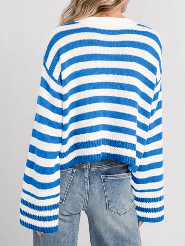 Image of Saodimallsu Womens Striped Cardigan Sweaters Cropped Fall Button Open Front Long Sleeve Knit Sweater Coat with Pockets