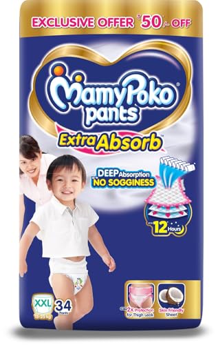 Image of MamyPoko Pants Extra Absorb Baby Diapers, Extra Extra Large (XXL Size) | 15-25 kg | 34 Count |Deep Sleep Diapers| Soft Gentle fit |Deep Absorbent Crisscross | Skin Friendly with Coconut Oil |