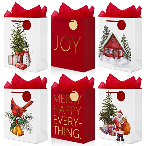 AnyDesign Christmas Paper Gift Bag Assortment with Tissue Paper Name Tags 6 Pack Red Watercolor Farmhouse Handle Bags Holiday Goodie Party Favor Bags for Gift Packing, Medium Size 10 Inch