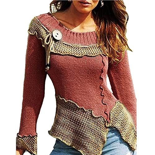 LinKeTop Pull en tricot à manches longues pour femme, col rond, tailles S à 5XL, Rouge, S, LK-VintageSweater-01 Cover