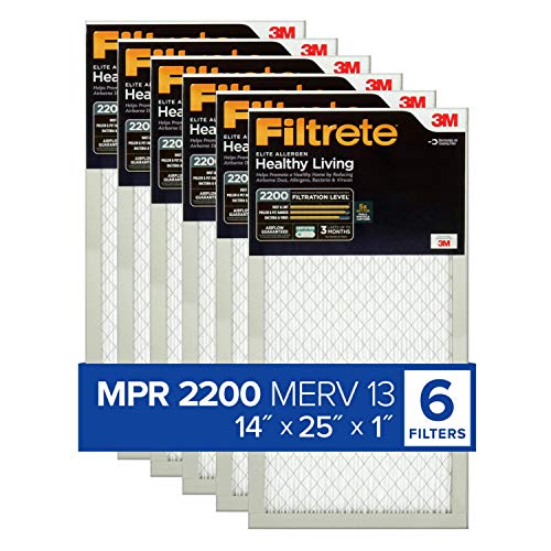 Filtrete 14x25x1, AC Furnace Air Filter, MPR 2200, Healthy Living Elite Allergen, 6-Pack (exact dimensions 13.81 x 24.81 x 0.78)