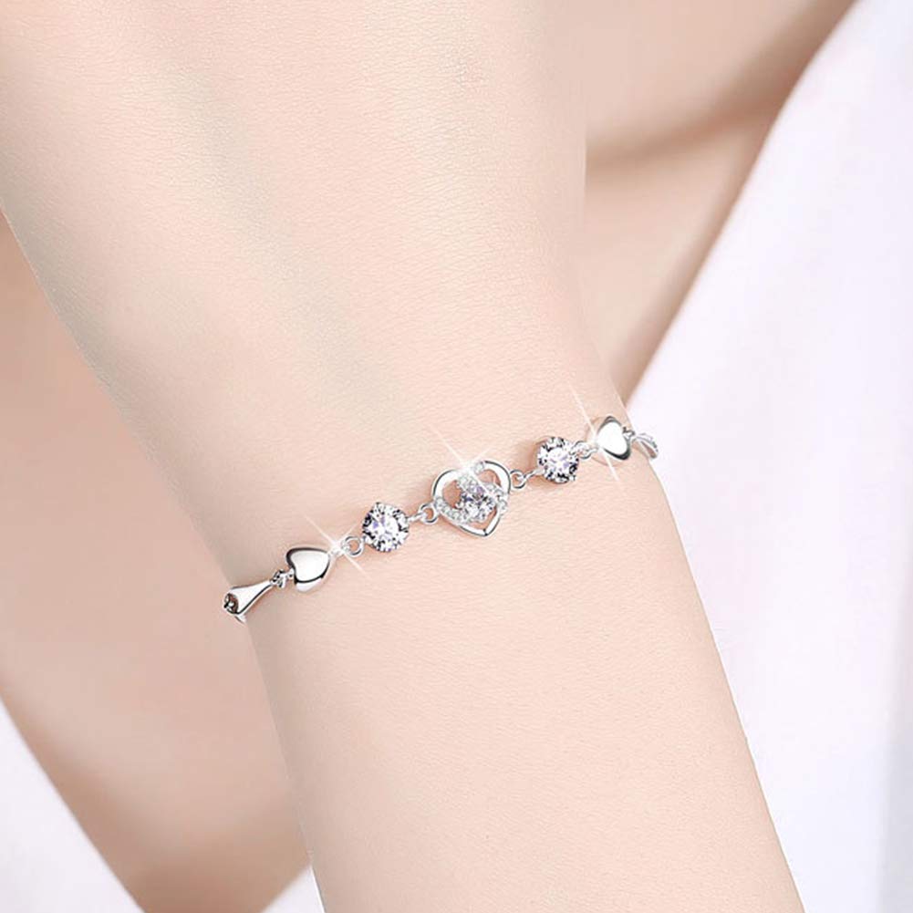 Pulsera de Plata con Cristales de corazón para Mujer, Pulsera de Plata Ajustable con dijes, 20 cm / 8 Pulgadas