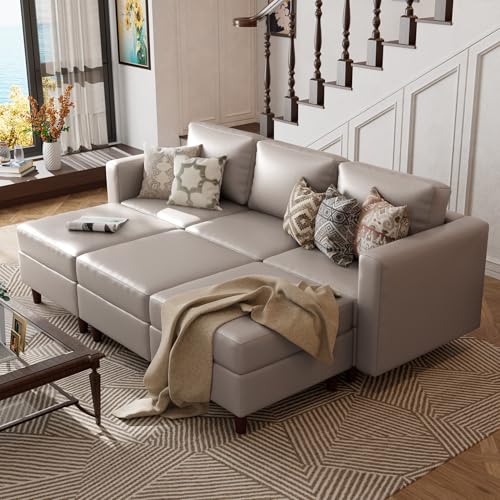 Image of ABCASA 91.5 inch Faux Leather Luxury Modular Sleeper Sofa Bed with Storage Seat, 6 Seat Sectional Couch Deep Seat with Reversible Chaises & Removable Cover for Living Room - Whitesand