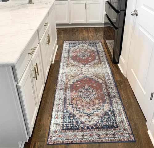 Kitchen Runner Rug Washable 2x6,Boho Non Slip Red Blue Hallway Runner Rug Soft Washable Entryway Rug Floor Carpet for Bedroom Dining Room Bedroom Rug