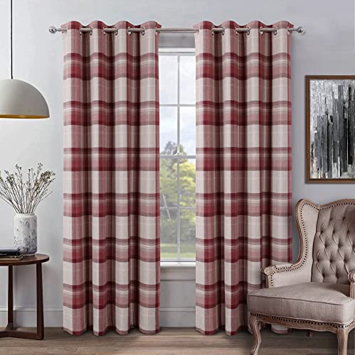 always4u Red Check Curtains Plaid Farmhouse Window Curtains Highland Woolen Look Grommet Drapes for Living Room Bedroom 2 Panels 54 * 95 Inches