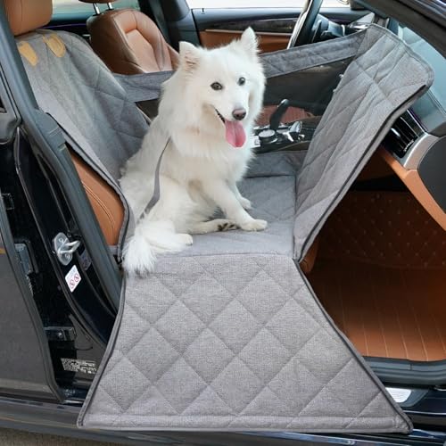 Dekeyoo Front Seat Dog Car Seat for Small/Medium Dogs with Door Protection – Full Coverage Pet Booster Seat with Mesh Window, Zippered Side Flaps, Safety Buckle, Grey Linen Fabric