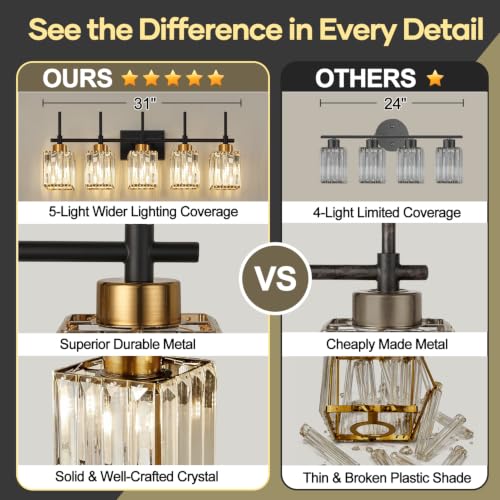 Image of Torondo Modern Crystal Bathroom Vanity Light 5-Lights Gold Bathroom Light Fixtures Over Mirror Black and Gold Vanity Lighting Fixtures Gold Square Shade Brass Wall Sconce (Bulbs Not Include)