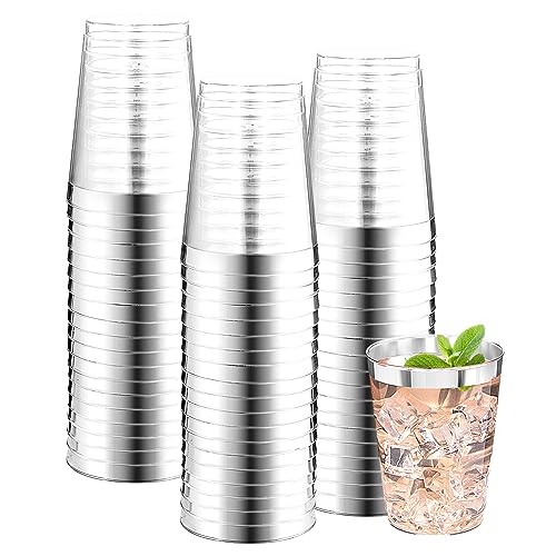 Image of DaYammi 200 Pack Silver Plastic Cups 10 Oz Clear Plastic Cups Silver Rimmed Disposable Wine Glasses Heavy Duty Disposable Tumblers Drinking Cocktail Glasses for Party Wedding