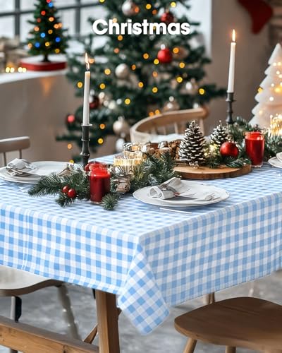 Image of Pureegg Plastic Table Cloth Disposable 8 Pack, 54 x 108 Inch Table Cloths, Party, Picnic, Decorative Gingham Tablecloths, Rectangle, Blue and White Checkered Cover, Leakproof & Sturdy, Blue Plaid