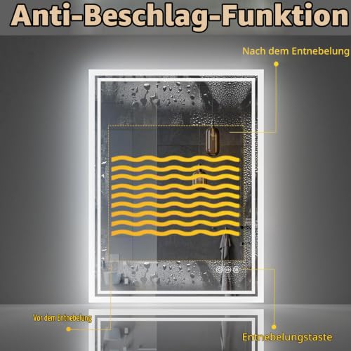 LUVODI LED Badspiegel mit Hintergrundbeleuchtung: 90x70 cm Smart Badezimmer Spiegel mit Touch Lichtschalter Antibeschlag Dimmbar 3000K… – Ansicht 5