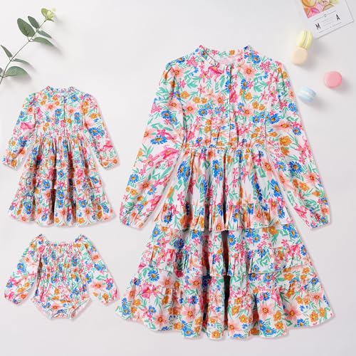 AWIBMK Mommy and Me Matching Dress Long Puff Sleeve Boho Floral Heart Print Tiered Hemline Dress Valentines Matching Outfits2