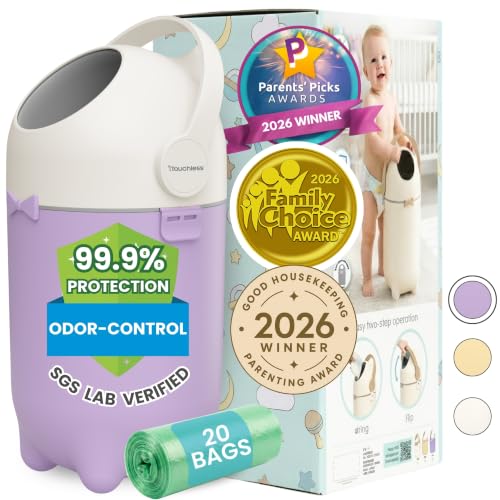 iTouchless Odor-Locking Diaper Pail - 2026 Award-Winning Ag+ Silver Ion Nursery Bin - Fits Any Bag, No Refills Needed - Includes 20 Leak-Proof Bags (Holds 300 Diapers) - Lavender Orchid Hygienic Bin