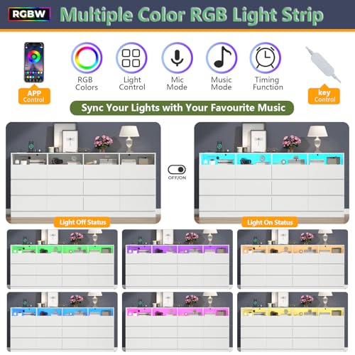 Image of Loomie 12-Cell Divided Drawers White Dresser with Charging Station & Led Lights for Bedroom, Long 63 inch Wide Dresser TV Stand for TVs up to 75 inch, Large Dressers Organizer with 4 Open Cubbies