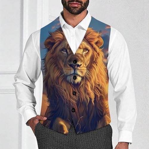 Adult Male Lion Sunset Novelty Men's Suit Vest Funny Formal Dress Vests Business Waistcoat2