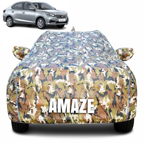 Image of 100% Waterproof Car Body Cover for Honda Amaze (2013-2025) with Mirror Pocket (Heat & UV Resistant, Triple Stitched, Soft Lining, Bottom Elastic & Piping) Camouflage, Military Print