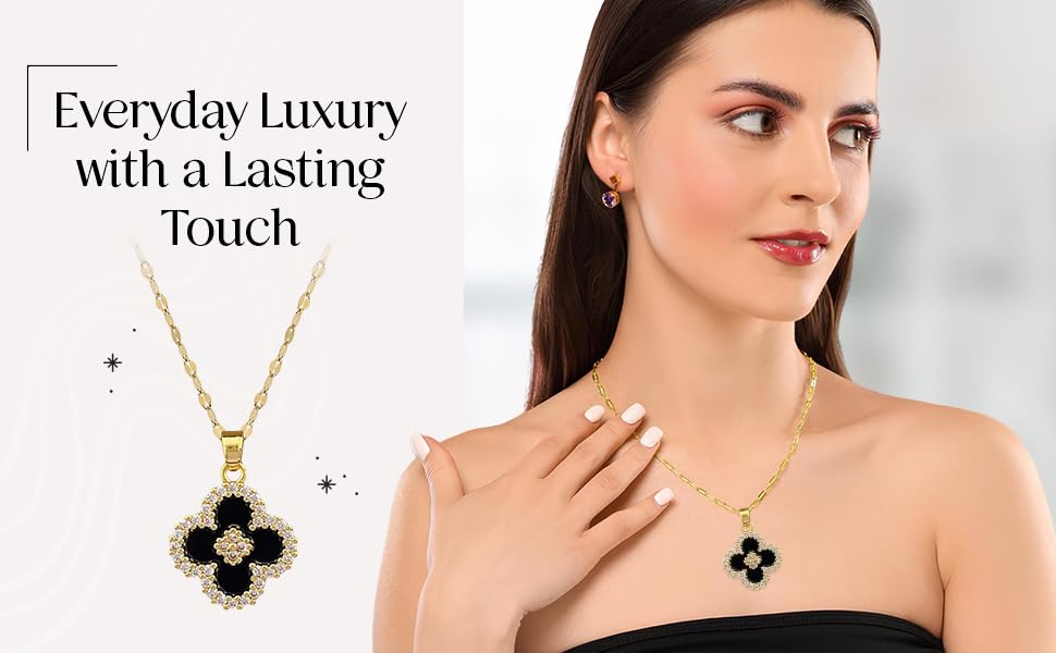 Gold Tone Necklace with Black Enamel Pendant, Crystals Four leaf Clove Charm4