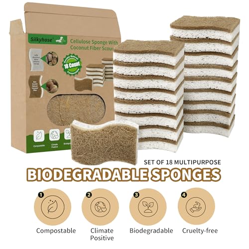 Image of 18 Pack Natural Kitchen Sponges, Biodegradable & Compostable | Non-Scratch Cellulose Coconut Fiber Sponges for Dishes, Pots & Pans | Eco-Friendly Cleaning Sponge (18)