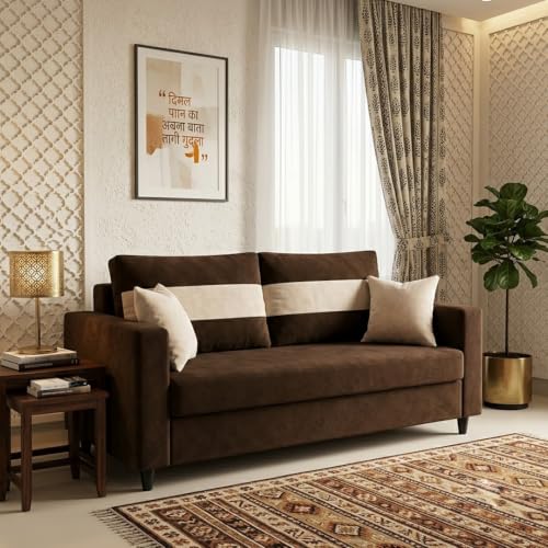 Image of FURNY Luxury Conva 2 Seater Sofa Set for Living Room |Soft Suede Fabric Upholstered | Modern Cushioned Comfortable Couch for Home Office & Drawing Room | Dark Brown