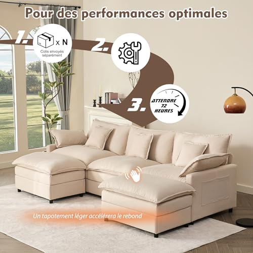 Litbird U-förmiges modulares Sofa 3-Sitzer Ecksofa mit Hocker, tiefes Sitzdesign, Cloud Couch für Wohnzimmer(Beige) – Bild 7