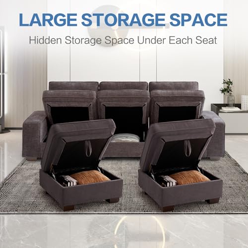 Image of TEKAMON 100 inch Modular Sectional Sofa with Seats Storage, U Shaped Couch with Movable Ottomans, Chenille Fabric Couch for Living Room, USB Port,Removable Cover(DKGrey, 3 Seater & 2 Ottomans-U Shape)