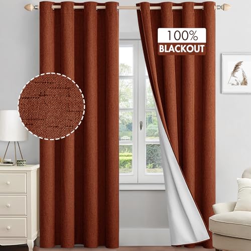 MIULEE Linen Textured 100% Blackout Curtains for Bedroom 96 Inches Long Burnt Orange Thermal Insulated Black Out Fall Curtains/Draperies with White Liner for Living Room/Nursery, Grommet Top, 2 Panels